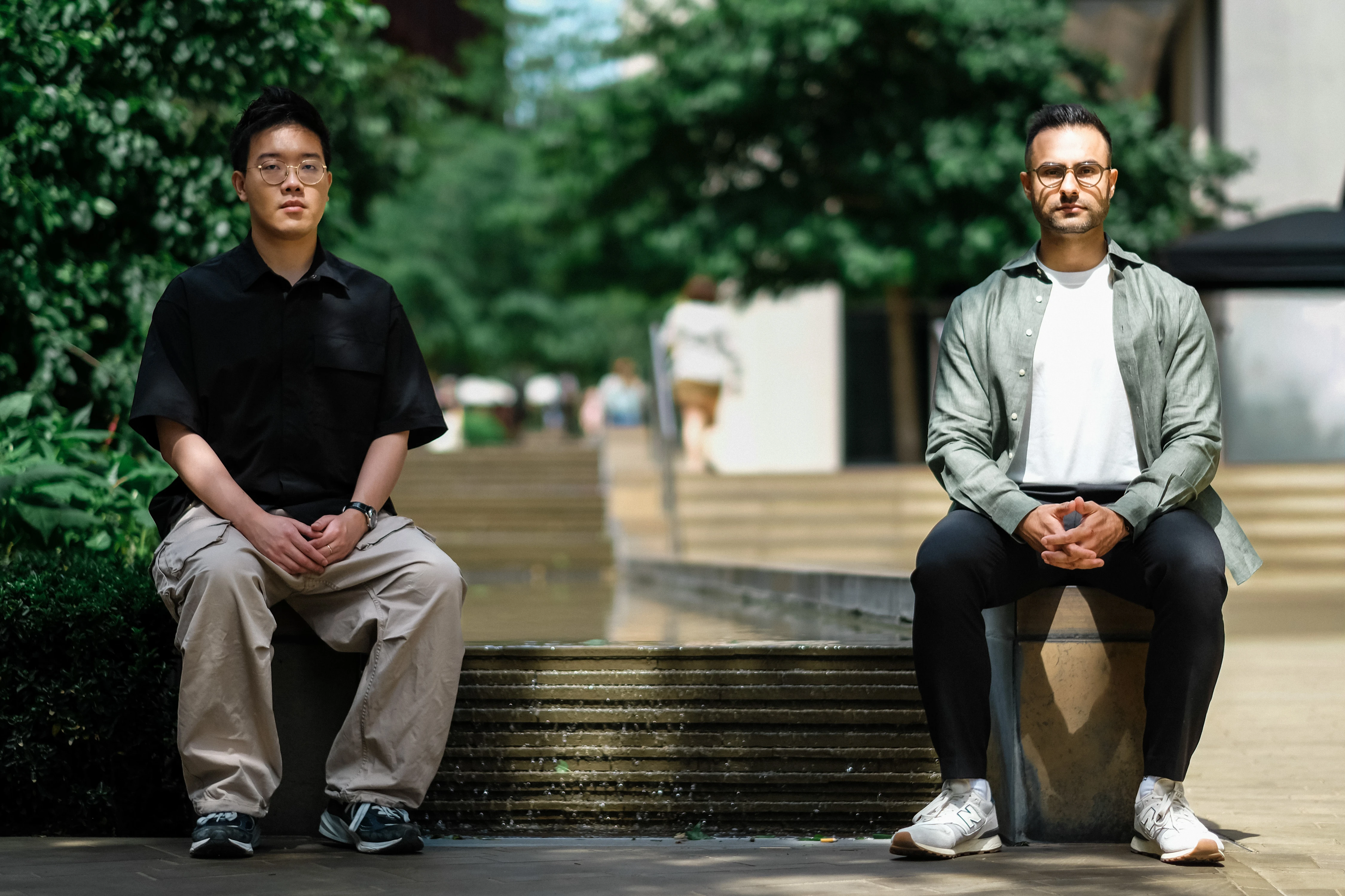 Zaro.ai Founder Portraits - Duo shot against Two Pancras Square signage